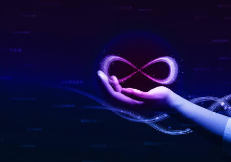 24-230 Metaverse Technology concepts. Hand holding virtual reality infinity symbol.New generation technology.Global network technology and innovation