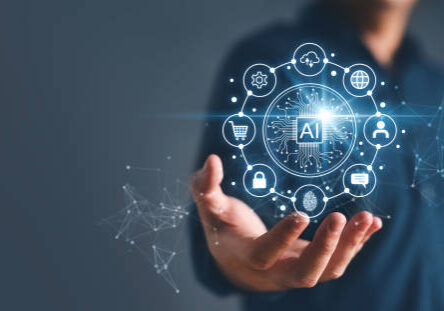 24-33 Artificial intelligence and Automated machine learning language blue digital user interface with businessman hand background. Cybersecurity computer vision metaverse twin drive business industrial.