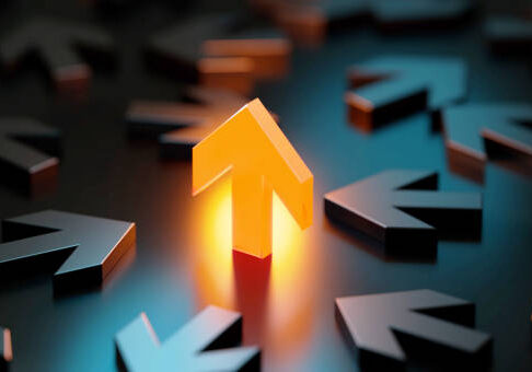 istockphoto-1305170107-612x612 Arrow symbol glowing amid black arrow symbols on black background. Horizontal composition with copy space. Stock market and finance concept.